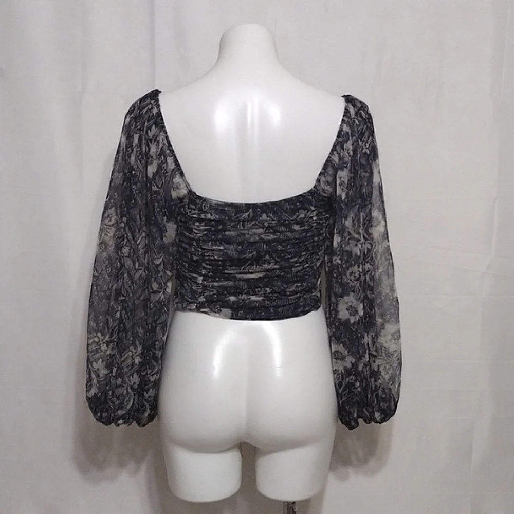 Free People Smocked Floral Sheer Puff Sleeve Crop Top Boho Coquette Cottagecore